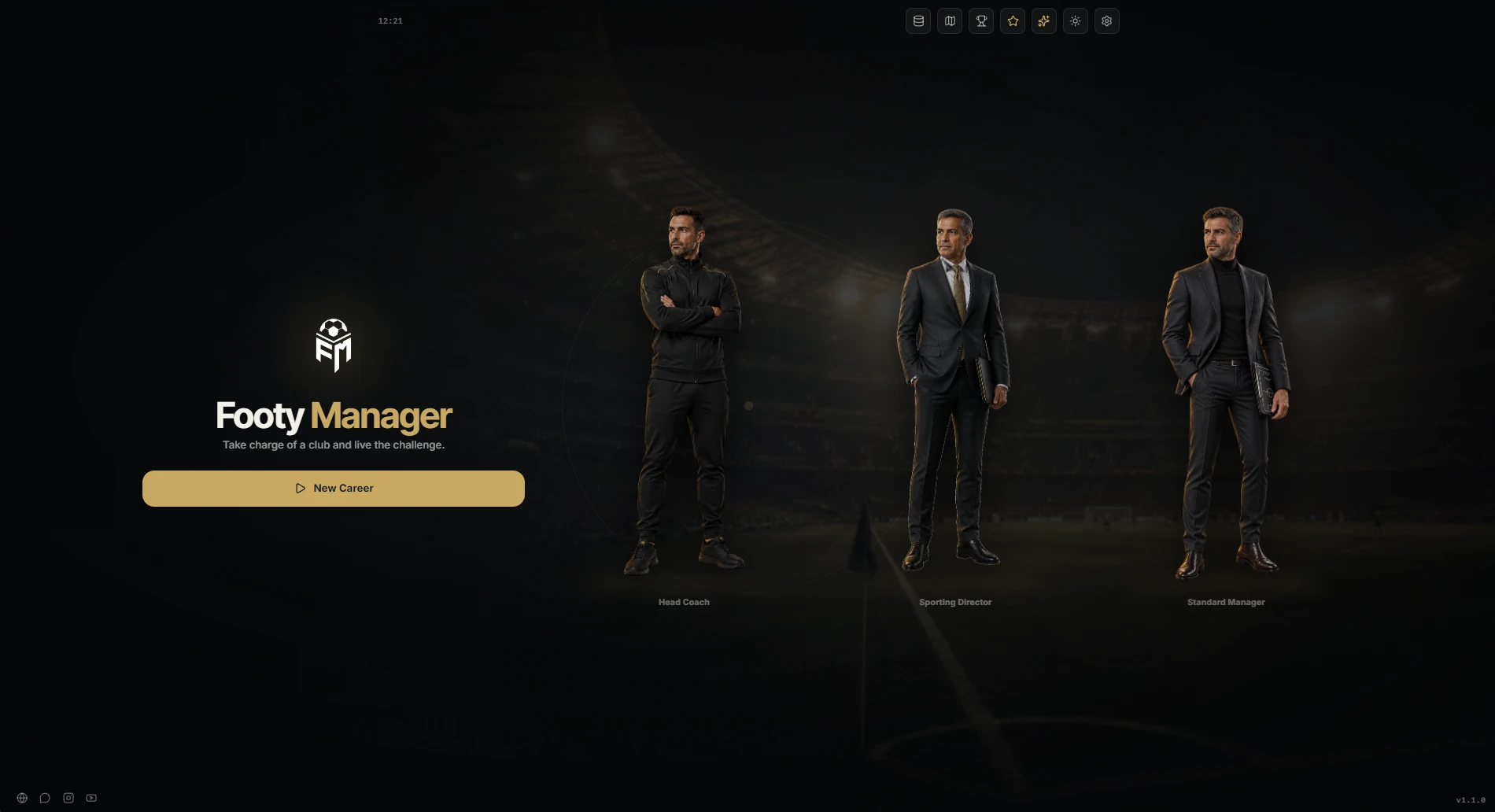 Footy Manager home screen: choose between head coach, sporting director and standard manager