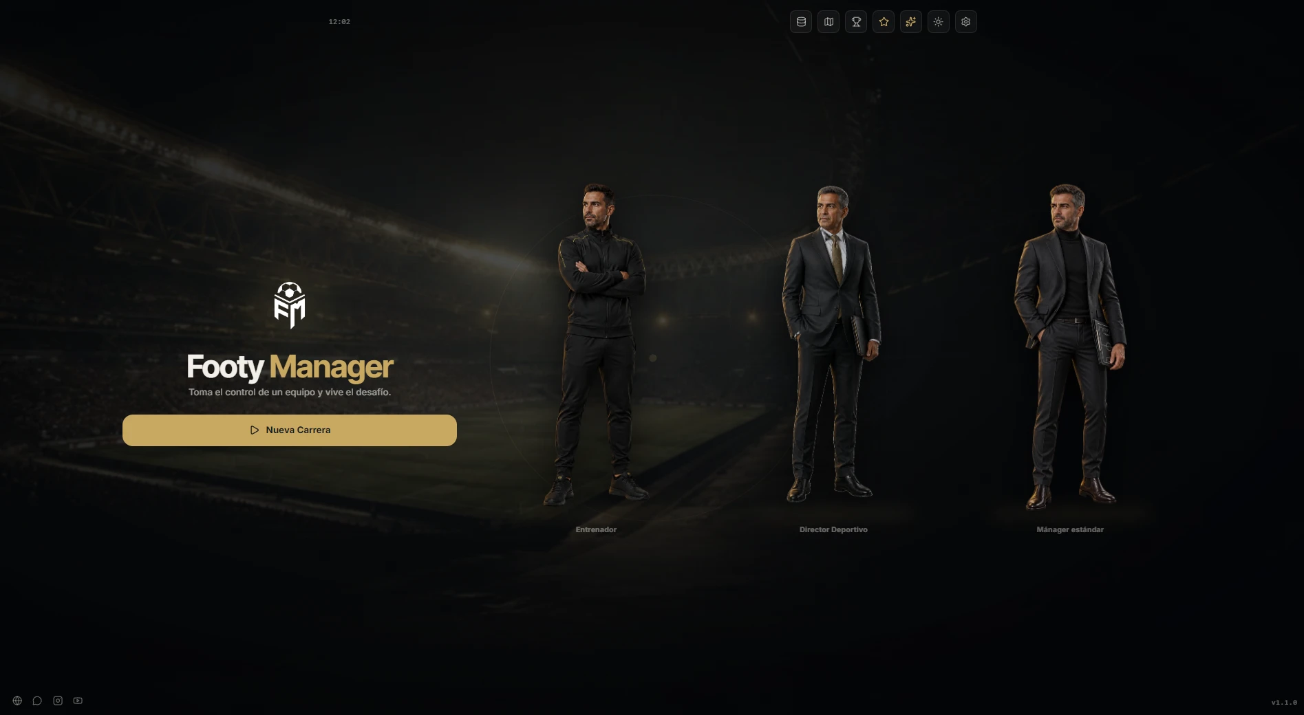 Pantalla de inicio de Footy Manager: elige entre entrenador, director deportivo y mánager estándar