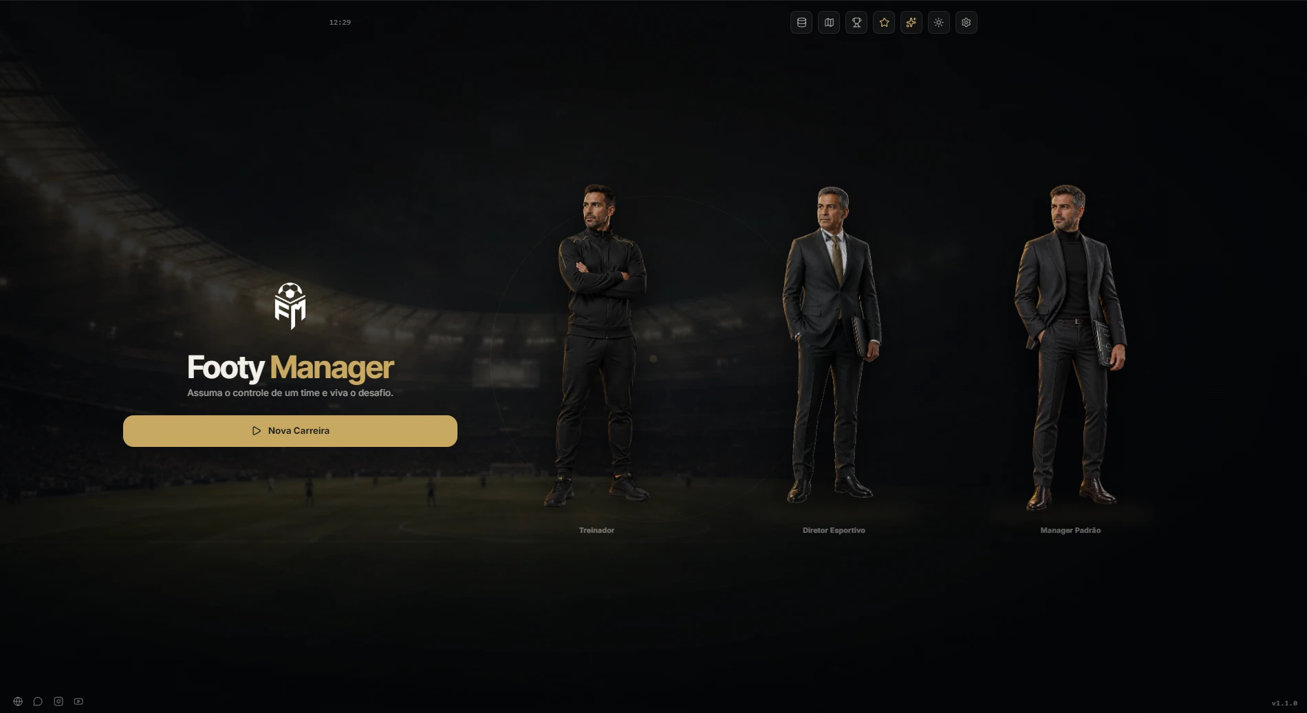 Tela inicial do Footy Manager: escolha entre treinador, diretor esportivo e manager padrão