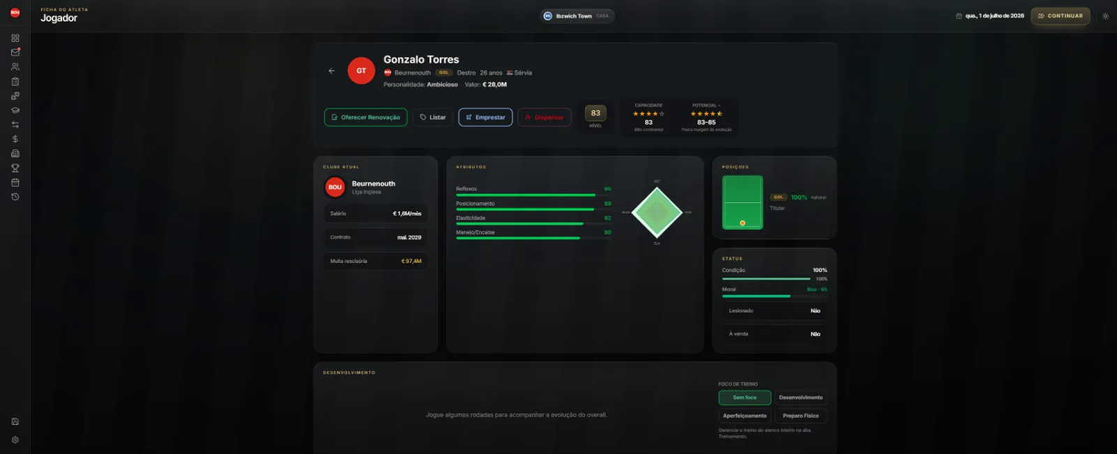 Perfil do atleta: atributos, contrato, status e foco de treino